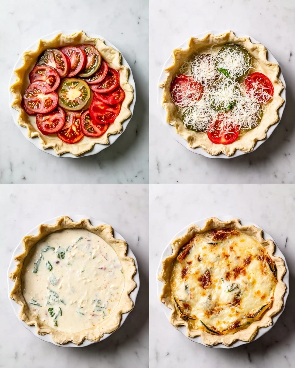 The image shows four stages of making a pie in a white pie dish on a white marbled surface. The first stage has the pie crust filled with layers of red and green sliced tomatoes arranged in circles. The second stage adds a layer of white grated cheese and some green basil leaves on top of the tomatoes. The third stage shows the pie filled with a creamy white mixture that partly hides the tomato and basil layers. The fourth stage is the finished pie, baked with a golden brown crust edge, with the creamy top showing melted cheese, tomato slices, and some brown spots from baking, with the green basil slightly visible. photo taken with an iphone --ar 4:5 --v 7