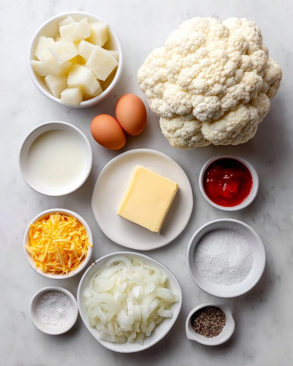The image shows a whole cauliflower with a bumpy white surface at the top right, surrounded by several small white bowls filled with various ingredients arranged on a white marbled surface. There are two brown eggs placed side by side at the top left. Below the eggs, a bowl filled with white cubed potatoes sits to the left of a small plate with a square piece of light yellow butter. To the right of the butter, a bowl holds a white powder, likely salt. Underneath the butter and salt, a small bowl contains a creamy white liquid. Slightly to the left of the liquid bowl is a small white bowl of shredded yellow cheese, and below that is a bowl of white diced onions. At the bottom right, a small bowl is filled with a red sauce and beside it is a bowl with black pepper. The layout is neat and clean, with all items evenly spaced on the white marbled surface. photo taken with an iphone --ar 4:5 --v 7