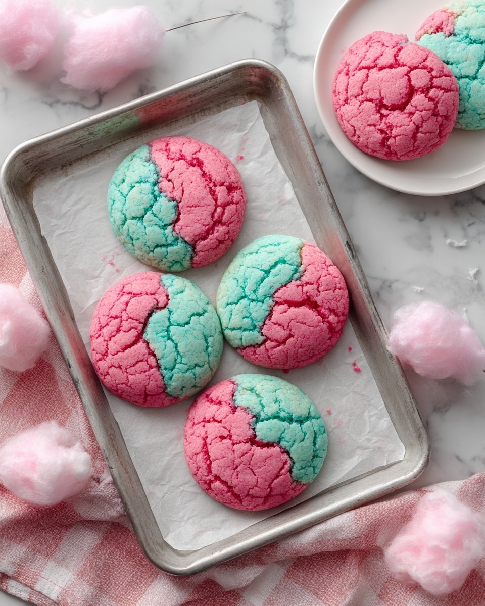 Six round cookies lie flat on a silver baking tray lined with white parchment paper. Each cookie is divided diagonally into two halves: one half is bright pink with a rough cracked texture, and the other half is light turquoise with the same cracked surface. The tray sits on a white marbled surface with a pink and white checkered cloth partially visible beneath it. Off to the side, there is a white plate holding two more cookies with the same pink and turquoise halves, and some pieces of soft pink cotton candy scattered nearby. Photo taken with an iphone --ar 4:5 --v 7