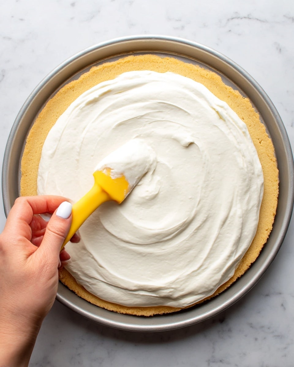 A round, golden brown cookie crust sits on a silver pan with slightly raised edges. On top, a thick layer of smooth, white cream is being spread from the center outward with a yellow spatula held by a woman's hand with white nail polish. The surface beneath the pan is a white marbled texture. The cream has a soft, fluffy texture and covers about one-third of the crust, with visible swirls from spreading. photo taken with an iphone --ar 4:5 --v 7