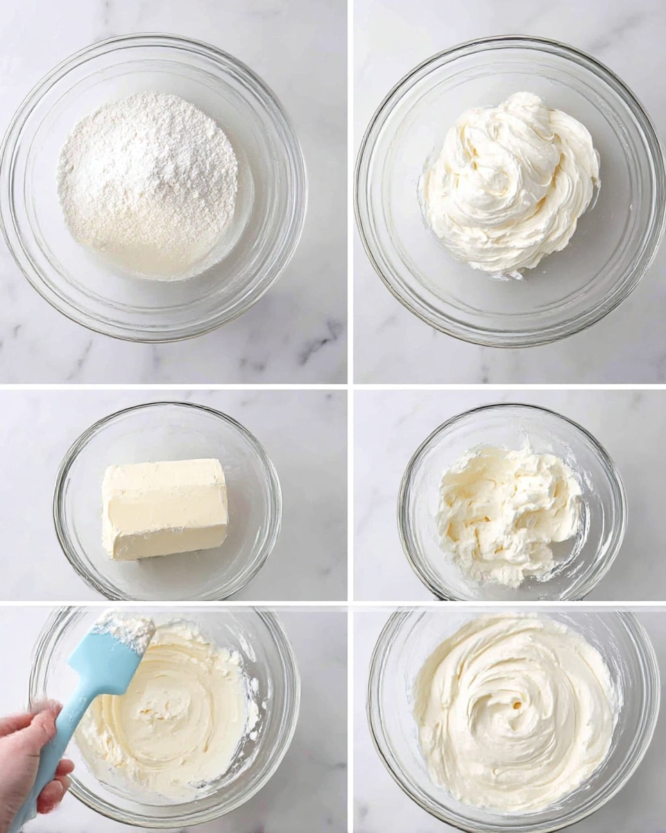 The image shows six clear glass bowls on a white marbled surface, each with a different stage of mixing a creamy white filling. In the first bowl (top left), white powder rests on a light liquid base. The second bowl (top right) displays a whipped smooth white cream with soft peaks. The third bowl (middle left) holds a solid block of cream cheese with a creamy texture. The fourth bowl (middle right) has a partially softened cream cheese with some lumpy areas. The fifth bowl (bottom left) shows a woman's hand holding a light blue spatula blending the creamy mixture, which is soft and thick. The sixth bowl (bottom right) features a fully smooth, spreadable white cream with a slightly glossy texture. photo taken with an iphone --ar 4:5 --v 7