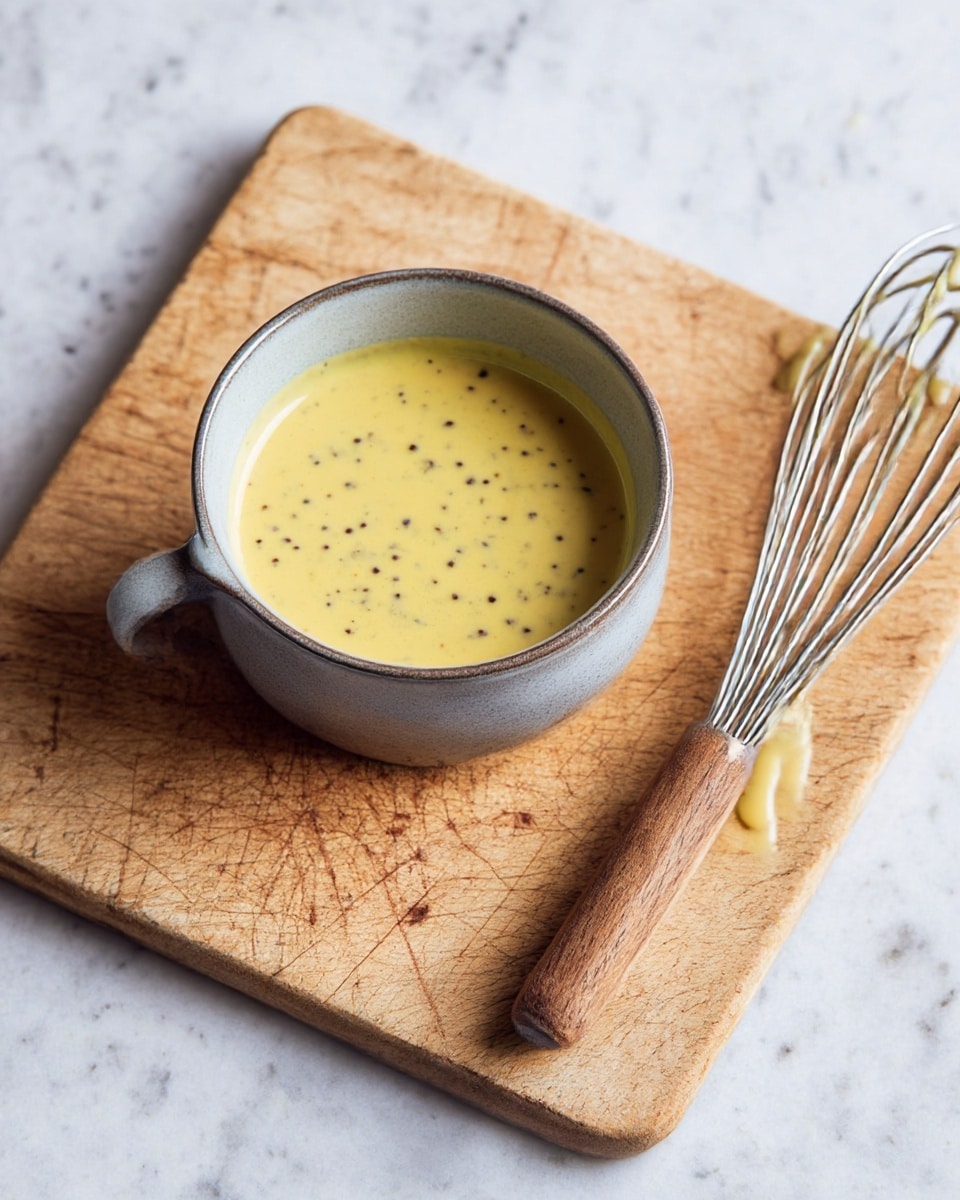 A small gray cup filled with a smooth yellow sauce that has small black mustard seeds scattered throughout. The cup is placed on a light wooden cutting board with visible scratches and marks. Next to the cup, a whisk with a wooden handle rests on the board, with some sauce dripping from its wires. The background is a white marbled surface. photo taken with an iphone --ar 4:5 --v 7