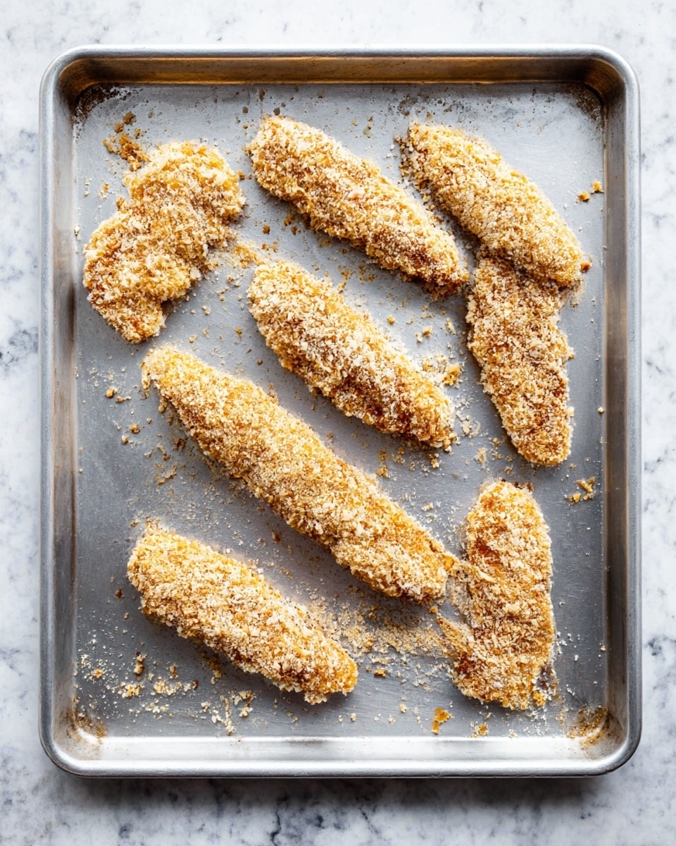 The image shows eight pieces of breaded chicken strips arranged in two loose rows on a silver metal baking tray. Each strip is coated in a light, crumbly layer of pale golden breadcrumbs with a rough texture. The tray sits on a white marbled surface, and the chicken strips vary slightly in size and shape but all have a similar elongated form. Some crumbs are scattered around the tray, adding to the rustic look. photo taken with an iphone --ar 4:5 --v 7