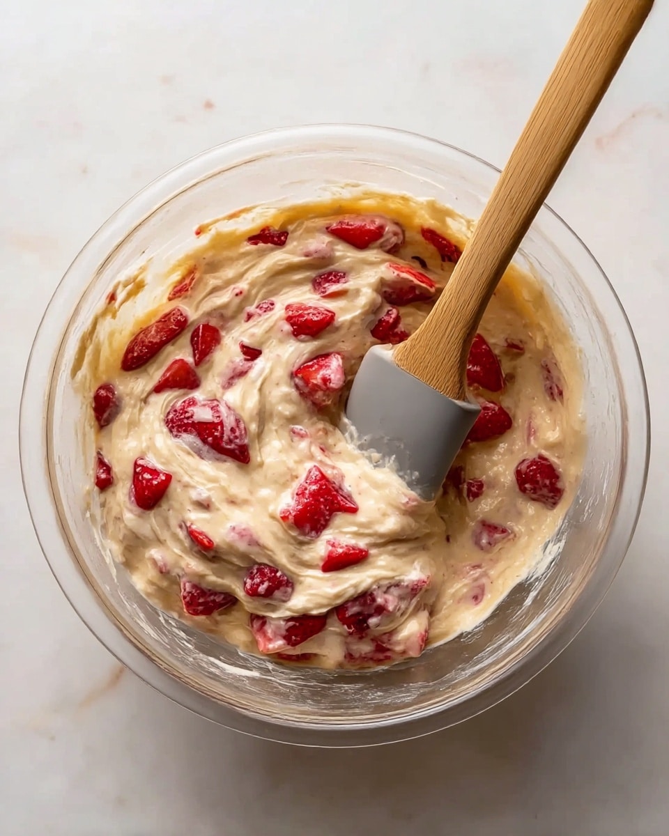 A clear glass bowl filled with thick, creamy light beige batter mixed with bright red strawberry pieces spread throughout. A wooden spatula with a grey silicone head is partially dipped into the batter on the right side of the bowl. The bowl is placed on a white marbled surface. The texture inside the bowl looks smooth with chunks of strawberries adding a fresh contrast. photo taken with an iphone --ar 4:5 --v 7