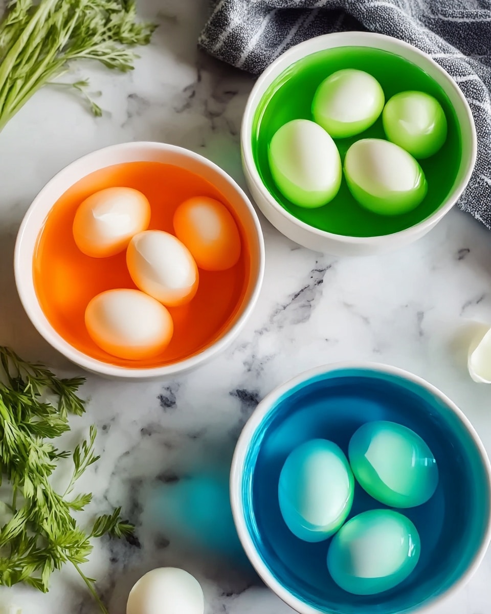 Three small white bowls are filled with clear gelatin in three different colors: bright orange, bright green, and bright blue. Each bowl contains smooth, white oval-shaped objects, some whole and some cut in half showing their hollow inside. The bowls are placed on a white marbled surface with a small bunch of green herbs on the left side and a gray and white striped cloth in the background. The bright colors of the gelatin contrast with the white eggs and the soft natural light gives the scene a fresh, clean look. photo taken with an iphone --ar 4:5 --v 7
