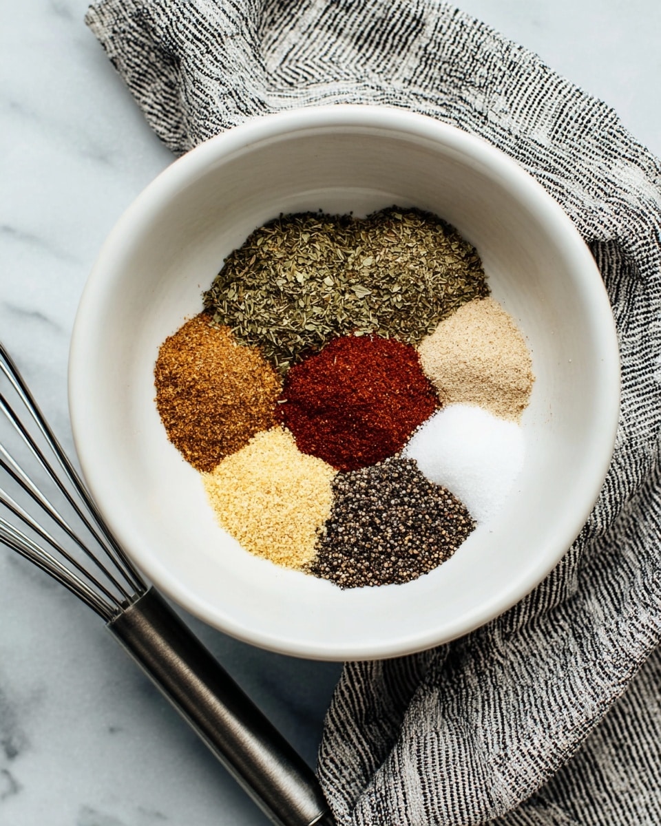 A white bowl sits on a white marbled surface, filled with six small separate piles of spices arranged closely together in a circle. Starting from the top and moving clockwise, there is a pile of green dried herbs, a light yellow powder, a deep red powder, a black pepper mix, white salt, and a beige breadcrumb-like powder in the center. On the left side of the bowl lies a silver whisk, and on the right side, there is a black and white striped kitchen cloth. Photo taken with an iphone --ar 4:5 --v 7