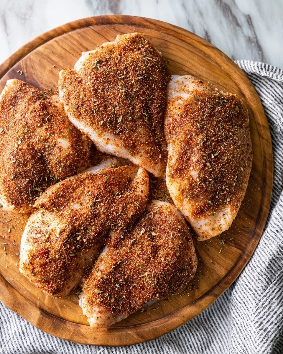 Four raw chicken pieces lie flat on a round wooden board, each piece covered with a thick, even layer of brown and red seasoning mixed with visible dried herbs and spices. The chicken is pale and smooth, with the spice coating giving a rough and grainy texture. The board rests on a surface with a white marbled texture, and a striped cloth is placed to the right edge of the board. Photo taken with an iphone --ar 4:5 --v 7