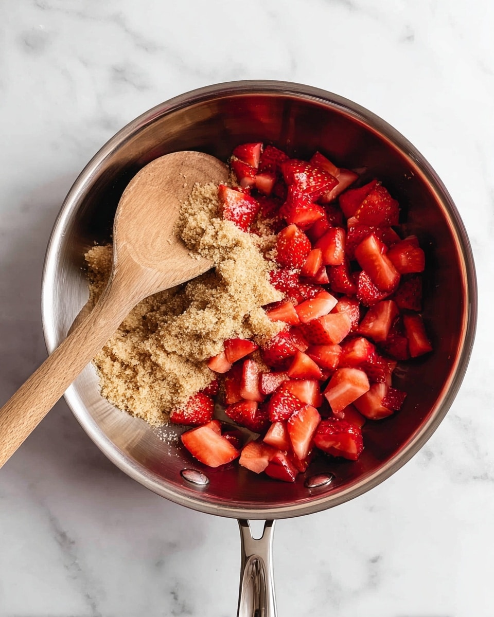 A shiny silver pan holds two layers: the bottom layer is bright red diced strawberries with some pieces showing white inside, and on top is a pile of light brown sugar with a soft crumbly texture. A wooden spoon with a smooth, slightly curved deep bowl rests on the left side of the pan, partly covering the strawberries and sugar. The pan is placed on a white marbled surface with soft gray veins visible. photo taken with an iphone --ar 4:5 --v 7
