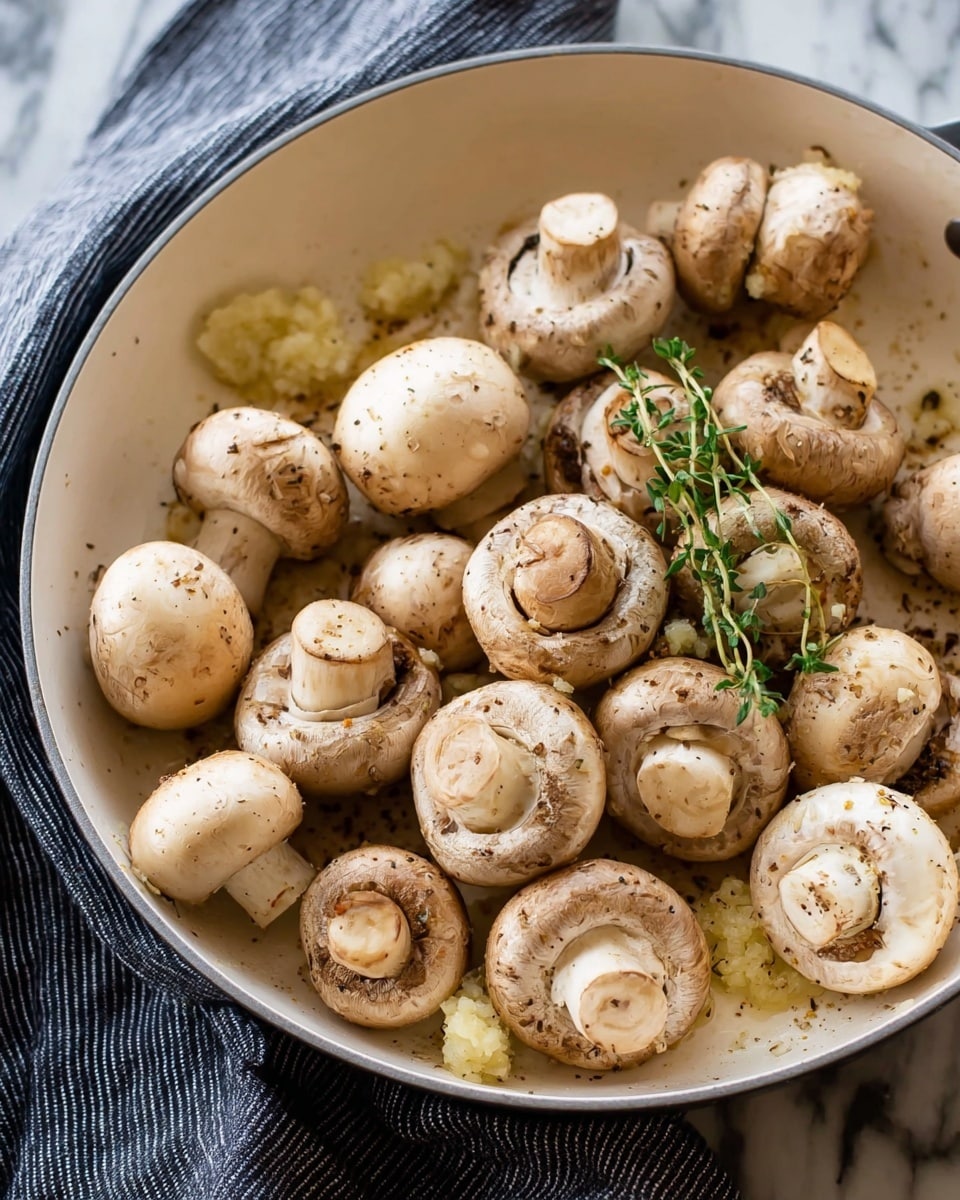 A white pan filled with whole fresh mushrooms that are light brown and white in color, scattered closely together. Some mushrooms show a bit of texture with light specks of seasoning and minced garlic pieces spread around them. A small green herb sprig rests on top of the mushrooms as a garnish. The pan is set on a white marbled surface with a dark blue and white striped cloth partially visible in the background. photo taken with an iphone --ar 4:5 --v 7
