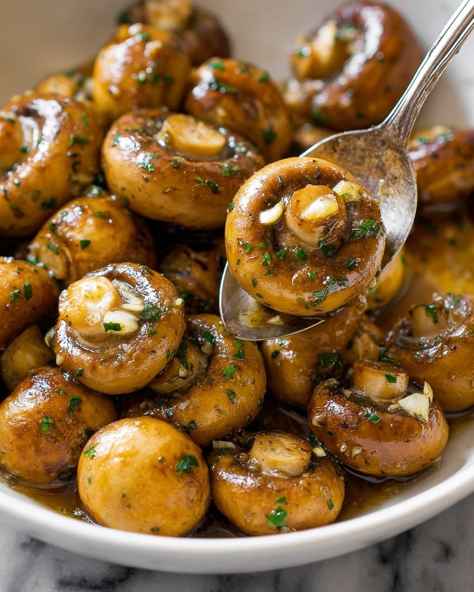 A close-up view of cooked whole mushrooms in a white bowl, each mushroom golden brown with a slightly shiny texture from the sauce they are cooked in. The mushrooms are garnished with small green herb bits and tiny pieces of minced garlic scattered throughout. A shiny silver spoon is scooping some of the mushrooms from the bowl. The background is a white marbled texture. photo taken with an iphone --ar 4:5 --v 7