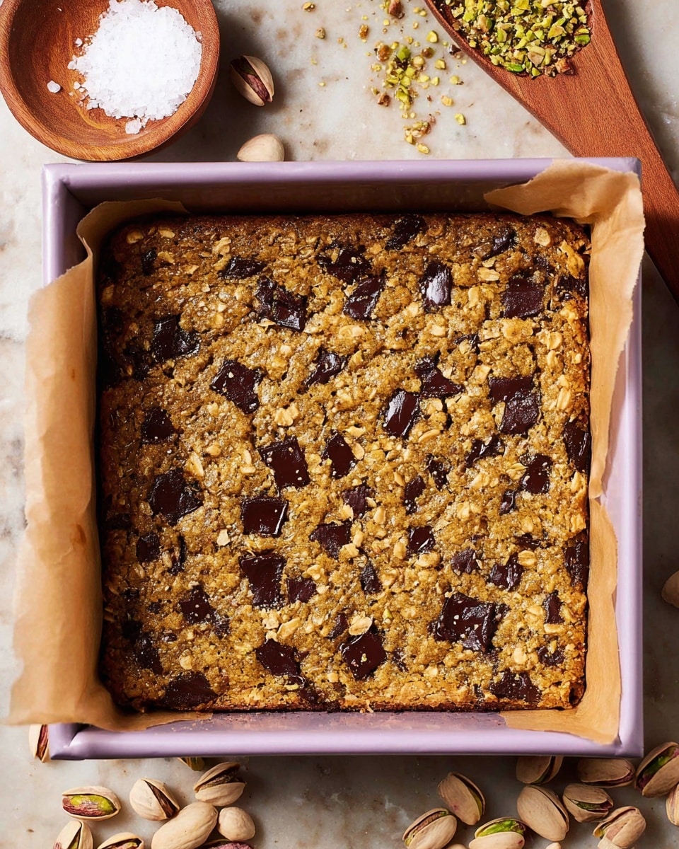A square blondie bar baked in a light purple pan lined with parchment paper fills the frame, showing a golden-brown top speckled with uneven chunks of dark chocolate that contrast with the textured oat and pistachio bits embedded throughout. The edges are slightly darker and crispier, while the center looks soft but firm. Around the pan on a white marbled surface, there are scattered shelled pistachios, a small wooden bowl with crushed pistachios, and coarse sea salt flakes near the top left, adding a rustic, natural touch to the scene. The photo taken with an iphone --ar 4:5 --v 7