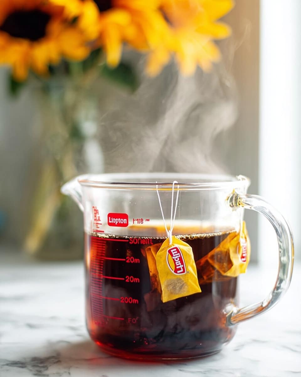 A clear glass measuring cup filled with dark brown tea, with two yellow Lipton tea bags partially submerged, their strings hanging over the side with red and white labels visible. The cup shows red measurement markings up to 2000 ml. Steam rises gently from the hot tea, and the cup sits on a white marbled surface. In the background, there is a blurred vase with bright yellow sunflowers, adding a warm, sunny feel to the image. photo taken with an iphone --ar 4:5 --v 7
