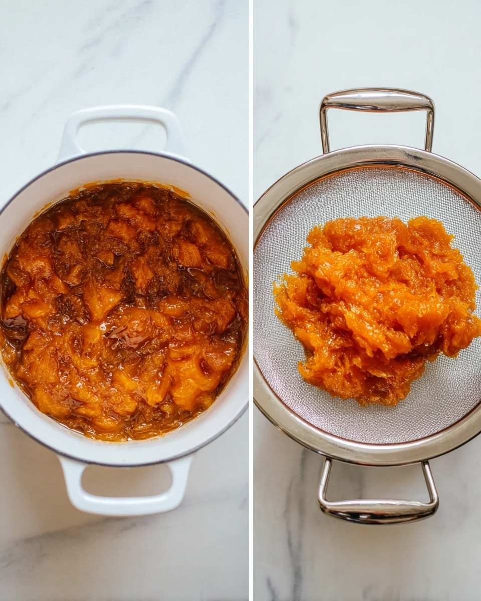 The image shows two side-by-side photos on a white marbled surface. On the left, there is a white pot filled with a thick, orange-brown chunky mixture that looks like cooked fruit or vegetables simmering in liquid. On the right, a silver metal strainer holds a thick orange mashed mass resting over a white surface, indicating the mixture has been strained or mashed. The textures look soft and cooked in both photos. photo taken with an iphone --ar 4:5 --v 7