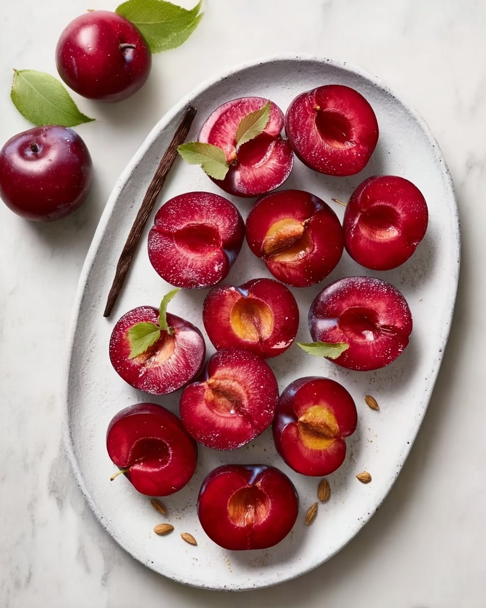 A white oval plate holds twelve halved red plums arranged in two rows with pits either fully or partly removed, exposing bright yellow-red flesh inside. The plate is set on a white marbled surface. There are three whole plums with green leaves near the top left corner of the frame. A single long brown vanilla stick lies diagonally among the plum halves on the plate, and a few small light brown seeds are scattered around. The texture of the plums looks smooth and shiny, showing fresh juice. Photo taken with an iphone --ar 4:5 --v 7
