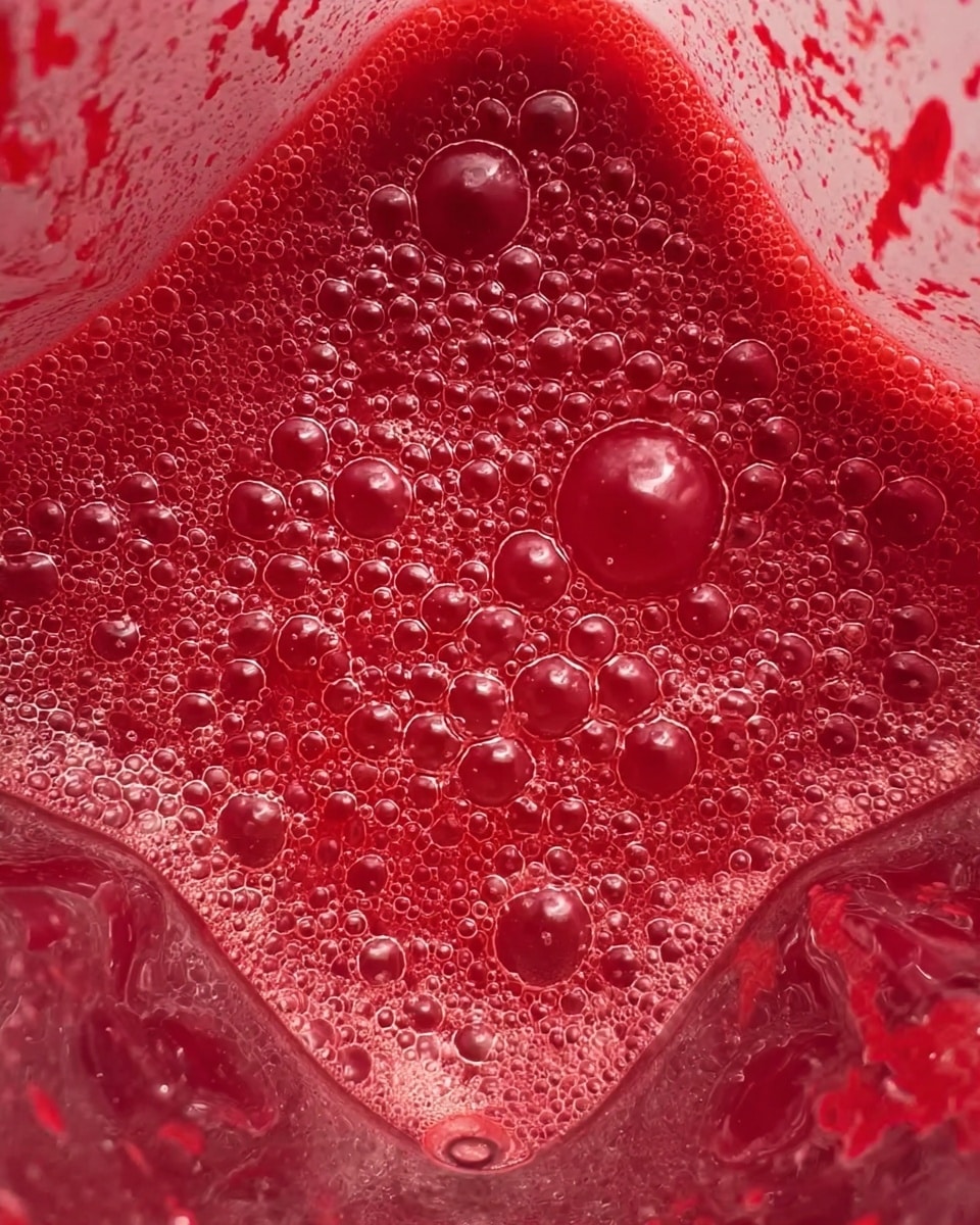 A close-up view inside a blender jar filled with bright red liquid. The surface of the liquid is shiny and covered with many small and medium bubbles, giving it a frothy texture. The blender jar is clear but its inner walls show traces of red splashes. The background is a white marbled texture. photo taken with an iphone --ar 4:5 --v 7