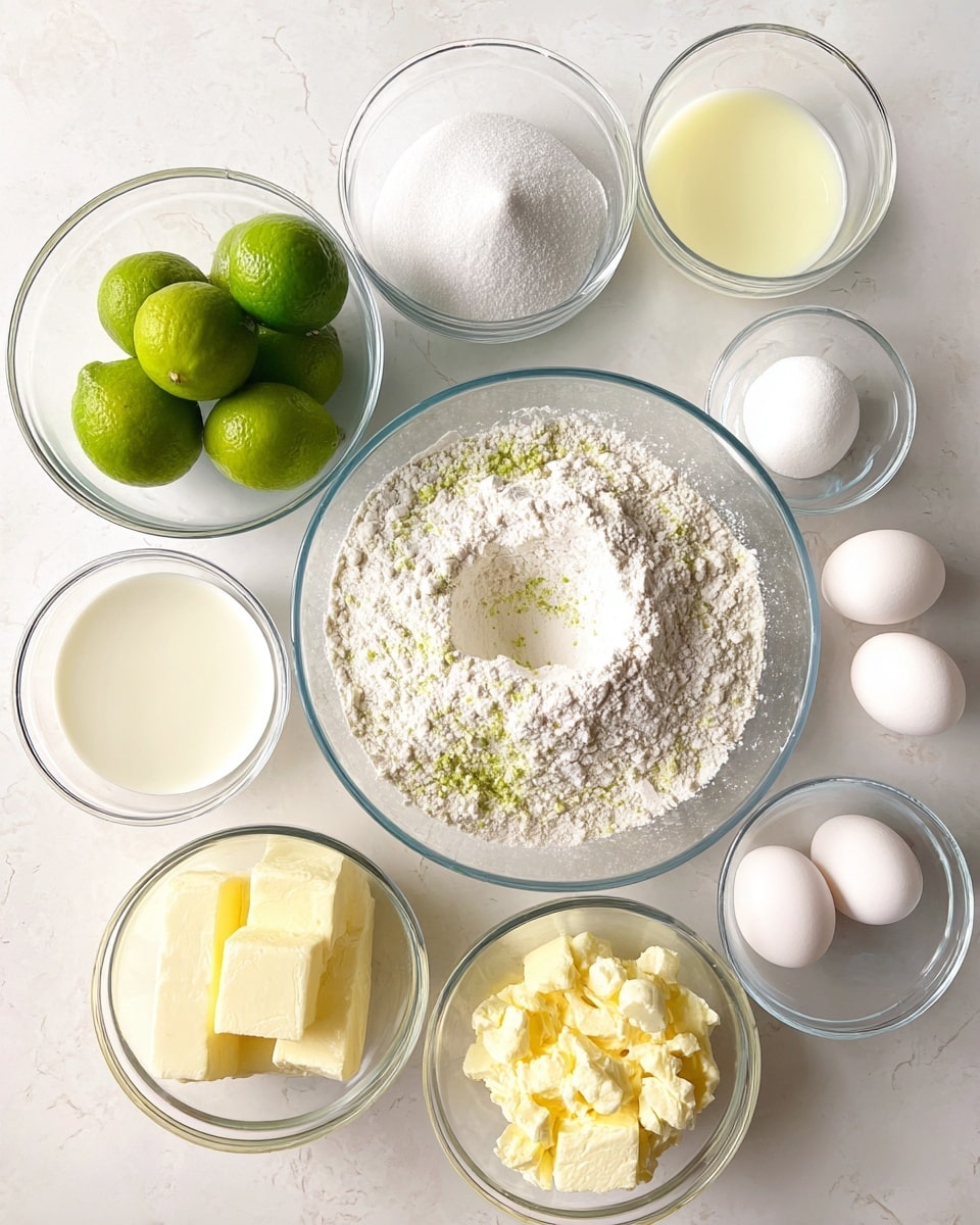 The image shows several clear glass bowls arranged on a white marbled surface. In the center is a large bowl with white flour mixed with small green specks and a small hollow indentation on one side. Surrounding it, clockwise from the top left, are bright green limes in a bowl, a small bowl with white powdery ingredients, a large bowl filled with white granulated sugar, a small bowl with white creamy substance, a slightly larger bowl with a smooth light yellow liquid, another bowl with a smooth off-white liquid, a bowl with yellow chunks of butter, and a bowl with five white eggs. The setup looks neat and bright with natural light. Photo taken with an iphone --ar 4:5 --v 7