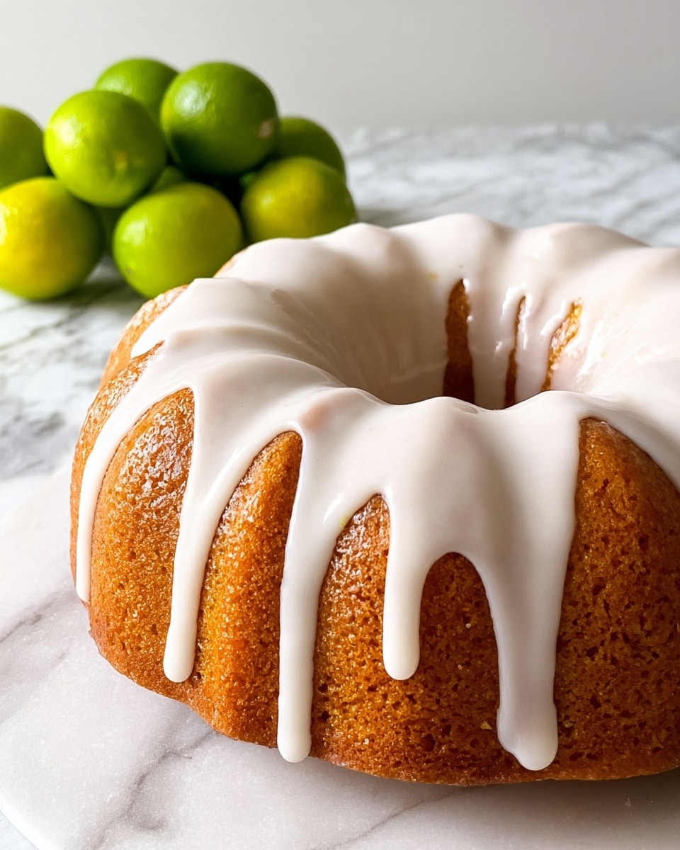 A round bundt cake with a smooth, light brown texture sits on a white marbled surface, topped with thick, white icing that drips evenly down the sides in soft waves, covering about half of the cake's height. In the background, there is a small group of bright green limes, adding a fresh contrast to the warm tones of the cake. The icing has a slightly shiny finish, making the cake look moist and inviting. Photo taken with an iphone --ar 4:5 --v 7