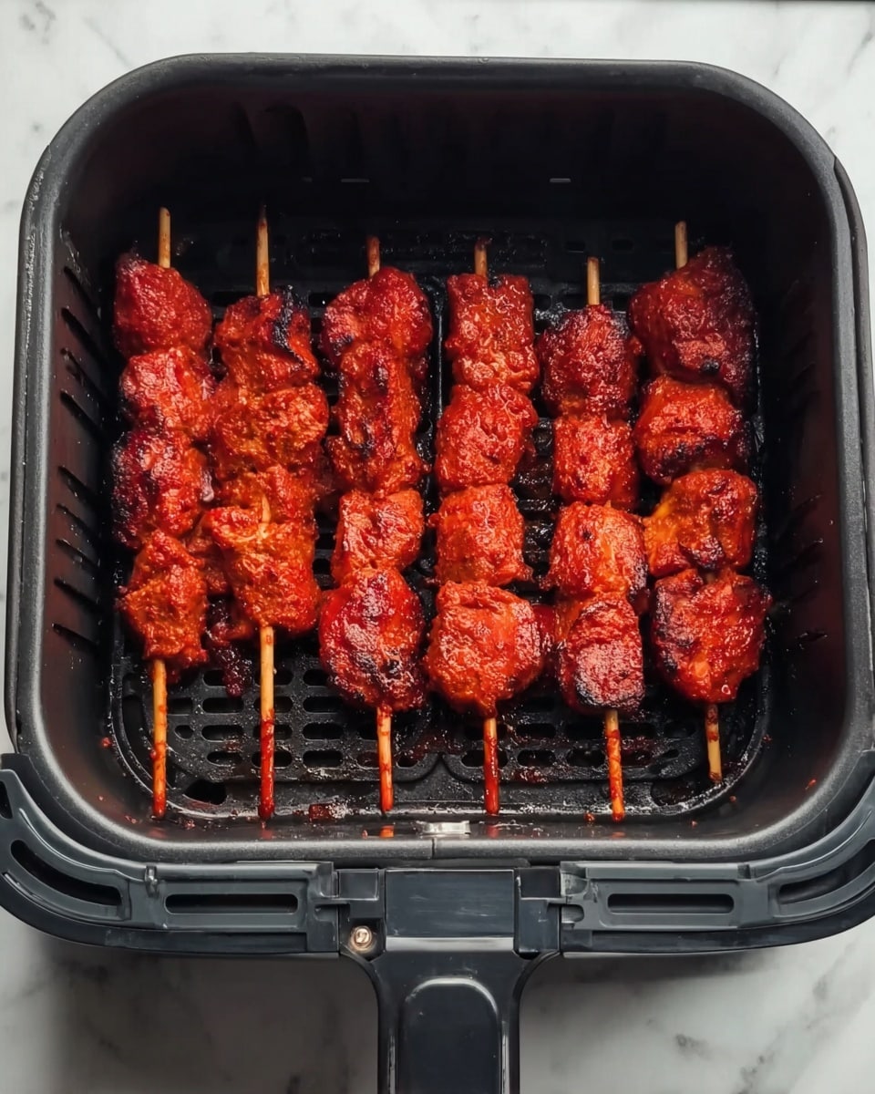 Five skewers with bright red, grilled meat pieces are arranged in a row inside a dark air fryer basket. The meat looks well-coated in sauce, slightly charred in spots, and shiny with a hint of oil. The skewers are evenly spaced and fill most of the basket. The inside of the air fryer basket is black and has small holes on the back wall for air circulation. The scene is set against a white marbled surface. photo taken with an iphone --ar 4:5 --v 7