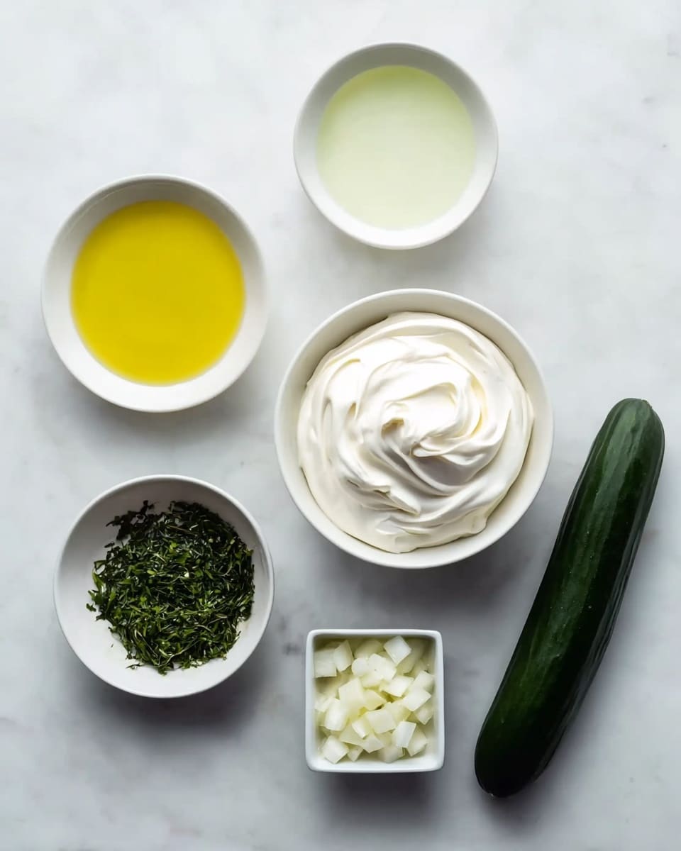 The image shows six items arranged on a white marbled surface. On the top right is a white bowl filled with thick, swirled white cream. To its left, there is a white bowl with bright yellow oil. Below the oil, a smaller white bowl has finely chopped green herbs. Below the herbs is another white bowl with a pale, clear liquid. In the center right of the image, there is a dark green cucumber lying horizontally. Finally, at the bottom right, there is a small square white bowl with small white chopped pieces inside. photo taken with an iphone --ar 4:5 --v 7