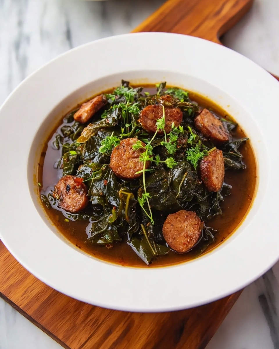 A deep white round plate holds a dish with two main layers. The bottom layer is a rich dark brown broth that fills the base of the plate. On top of the broth, there are dark green leafy vegetables that look soft and cooked, spread evenly in the center. Mixed in with the greens are several thick slices of browned sausage, scattered across the dish. Small bits of fresh green herbs are sprinkled on top, adding a touch of brightness. The plate sits on a wooden board, which is placed on a white marbled surface. photo taken with an iphone --ar 4:5 --v 7