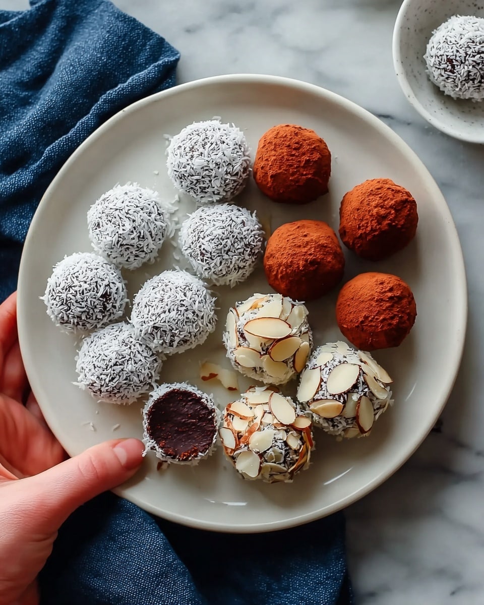 The image shows a white plate with three types of round chocolate truffles arranged in three groups. The top left group has eight truffles covered in white shredded coconut, giving a rough texture. The top right group has six truffles coated in smooth, reddish-brown cocoa powder. The bottom right group contains five truffles covered in sliced almonds, adding a light beige color and layered texture. One truffle from the cocoa powder group is cut in half, revealing a dark, smooth chocolate inside. The plate is placed on a white marbled surface with a dark blue cloth nearby. A woman's hand is holding the plate at the bottom left corner. Photo taken with an iphone --ar 4:5 --v 7