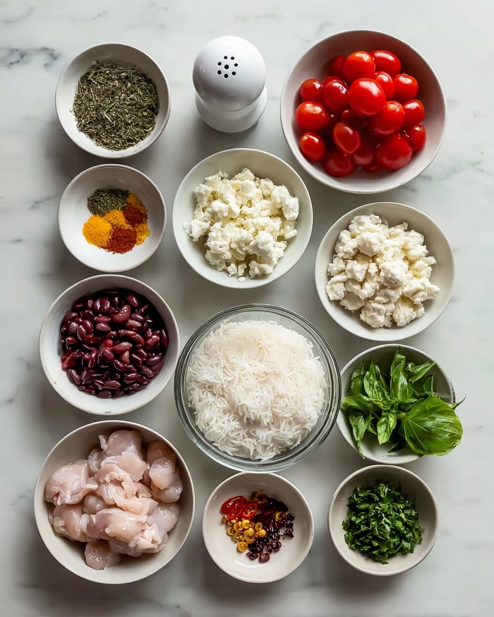 The image shows nine white bowls on a white marbled surface, each containing a different ingredient arranged in a grid. Starting from the top left, the first bowl has dried green herbs, next to it is a white salt shaker, and to the right is a bowl full of bright red cherry tomatoes. Below the tomatoes, there is a bowl with white crumbly cheese, followed by a bowl with fresh green leaves on its right side. In the center, a clear glass bowl holds fluffy white cooked rice. Below that, a bowl contains raw pale pink chicken pieces. On the left side, there is a bowl of dark brown kidney beans near a divided dish holding yellow, orange, and brown spices, red chili flakes in oil, and whole dried red chilies. The last small bowl on the bottom right holds finely chopped green herbs. Photo taken with an iphone --ar 4:5 --v 7