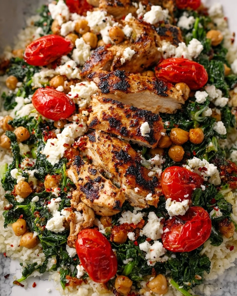 This image shows a close-up of a dish layered on a white marbled surface. The bottom layer is a bed of light-colored rice, spread evenly. On top of the rice, there is a layer of cooked dark green leafy vegetables. Scattered around on the vegetables and rice are golden chickpeas and bright red whole and halved cherry tomatoes. There are several pieces of grilled, golden-brown chicken with charred spots placed on top, some showing a white interior. Small white crumbled cheese pieces are sprinkled across the dish. The textures range from soft to slightly crunchy, and the colors are vibrant with reds, greens, beige, and white. photo taken with an iphone --ar 4:5 --v 7