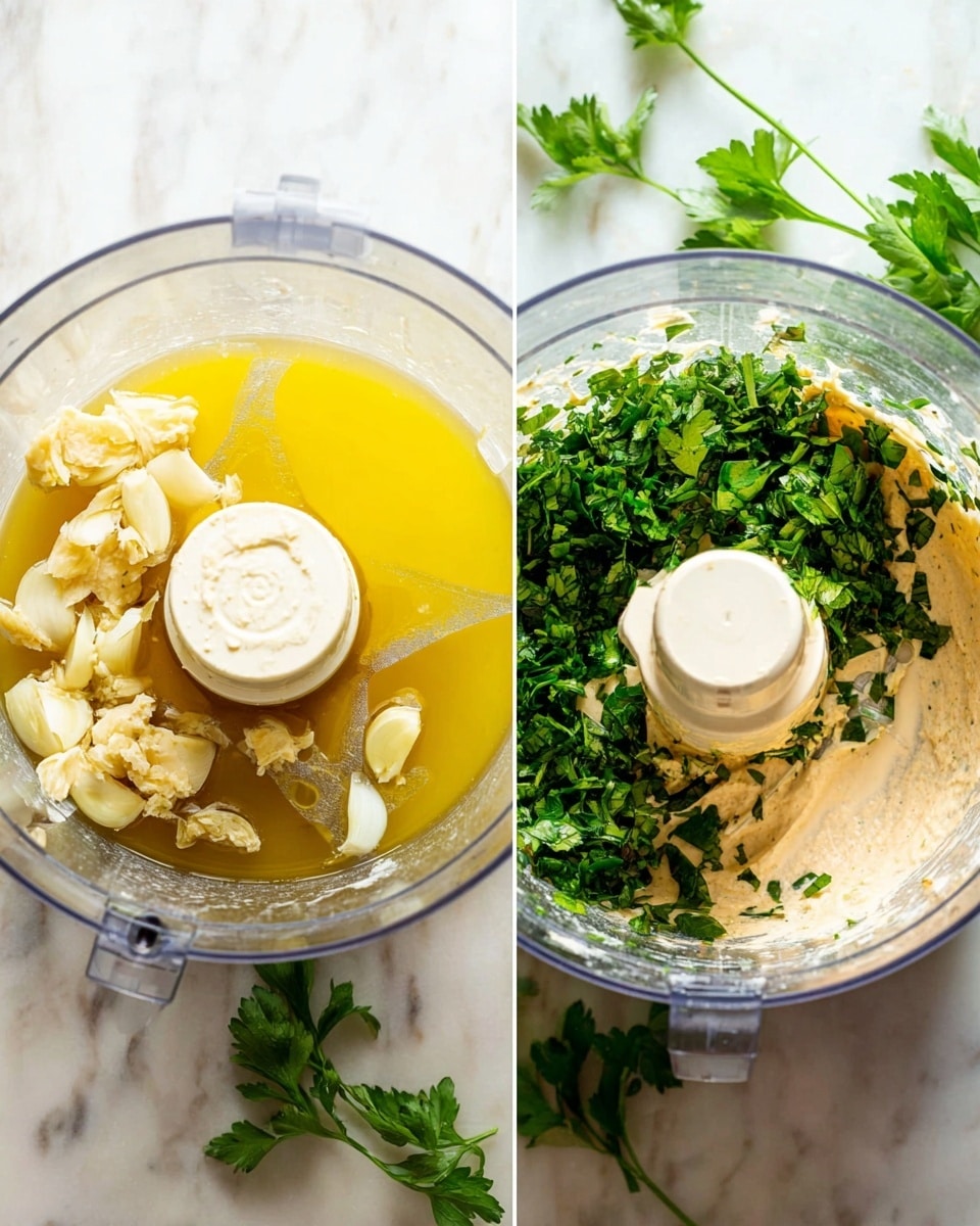 Two clear food processor bowls sit on a white marbled surface. The bowl on the left shows yellow oil with chunks of beige garlic and a creamy pale tan paste settled around the blade. The bowl on the right contains a creamy light beige base with bright green leafy herbs piled on top, partially covering the blade. Fresh green parsley is visible beside the food processors. Photo taken with an iphone --ar 4:5 --v 7