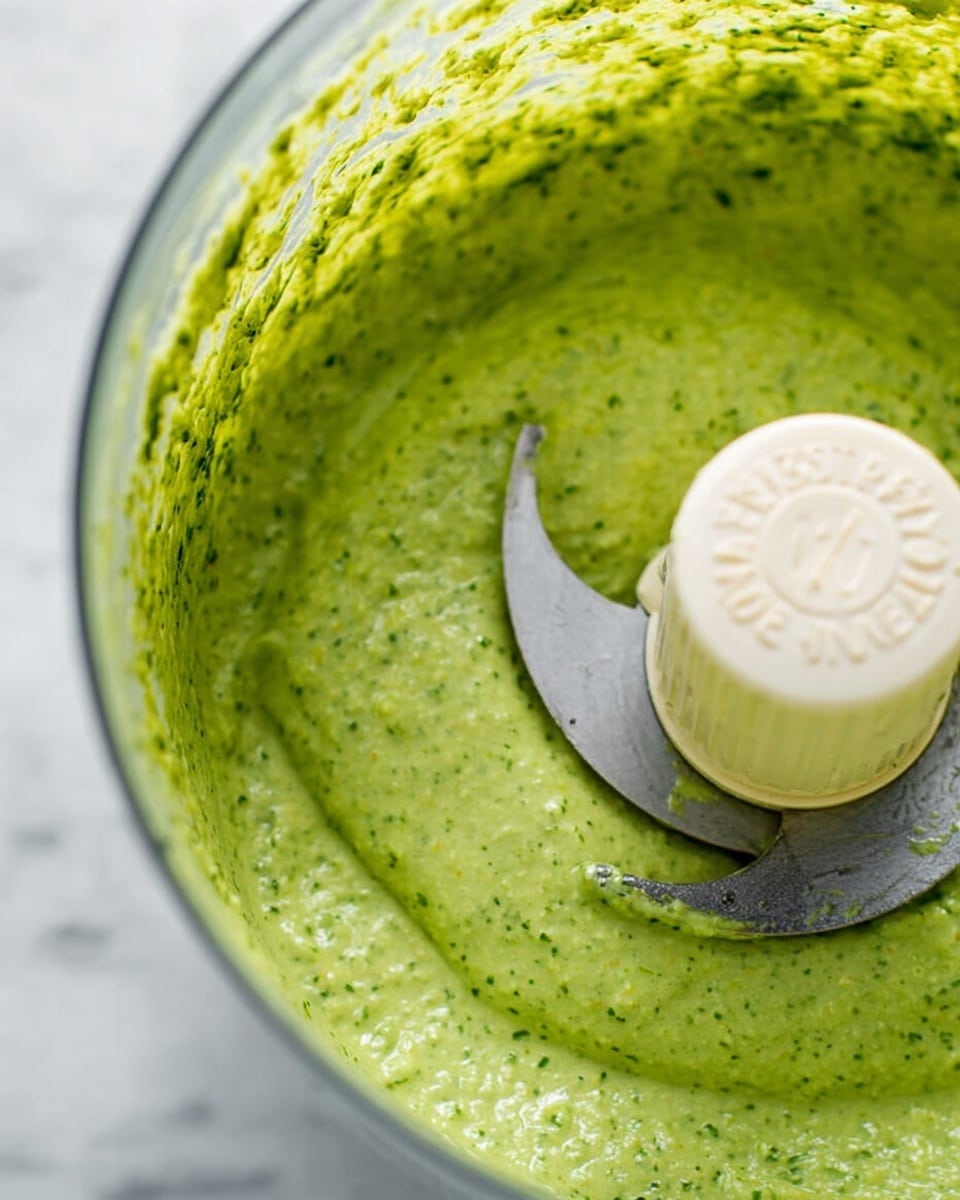 A close-up view inside a clear food processor bowl shows a thick, smooth green sauce with small dark green specks throughout; the sauce has been evenly blended and clings to the sides of the bowl with a slightly creamy texture. The plastic white blade attachment with markings in the center is partially covered by the sauce. The background is a white marbled surface. photo taken with an iphone --ar 4:5 --v 7