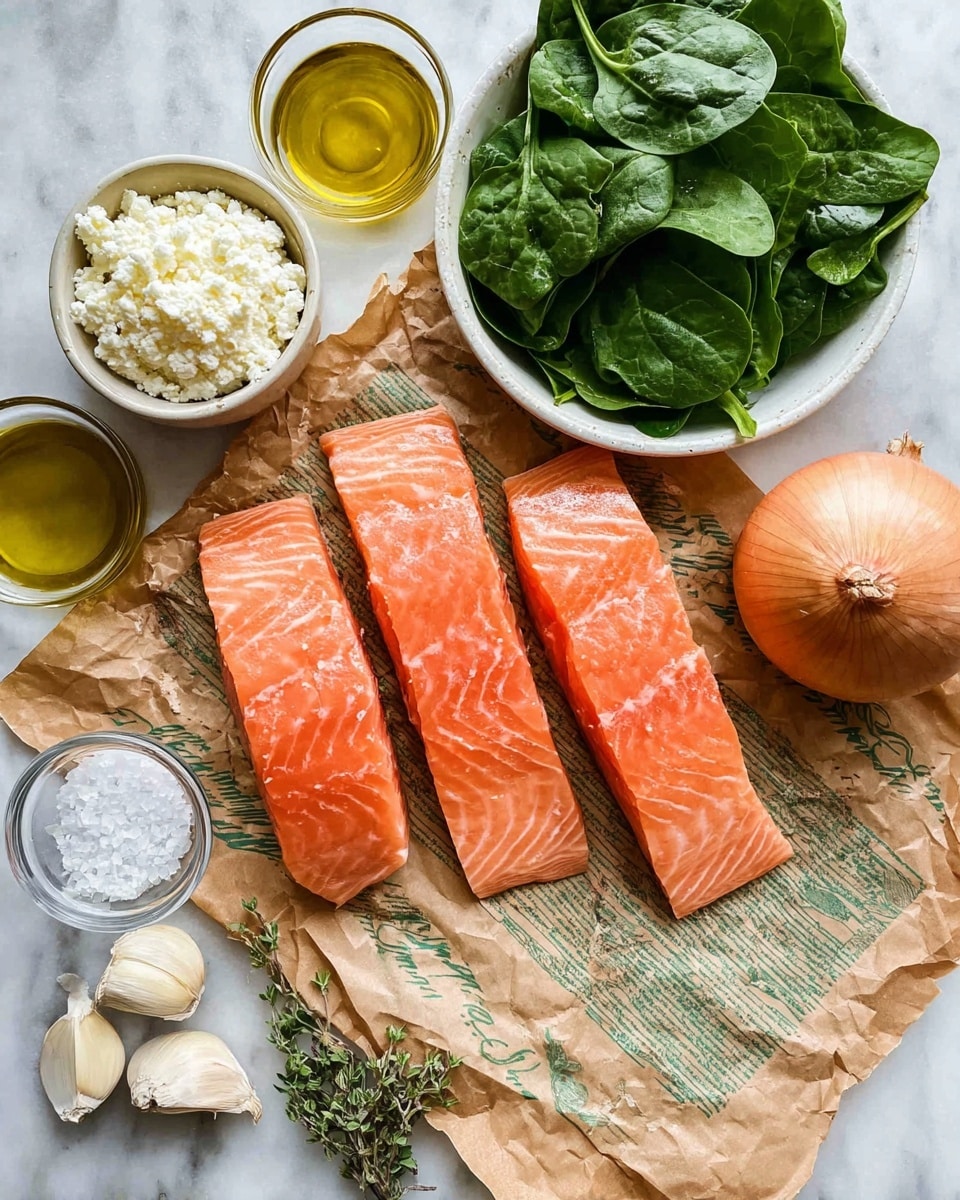 Three bright orange salmon fillets with smooth, lined texture lay on crumpled brown paper with green print, placed on a white marbled surface. To their right is a round light brown onion with a papery outer layer. Above the fillets is a white bowl filled with fresh, green spinach leaves which look soft and curly. Below the bowl, there is a small clear glass bowl with white crumbly cheese and another small bowl with golden olive oil. Near the bottom left are two garlic cloves with light skin and a small bunch of fresh oregano with green leaves. A small clear bowl of coarse white salt completes the arrangement. Photo taken with an iphone --ar 4:5 --v 7