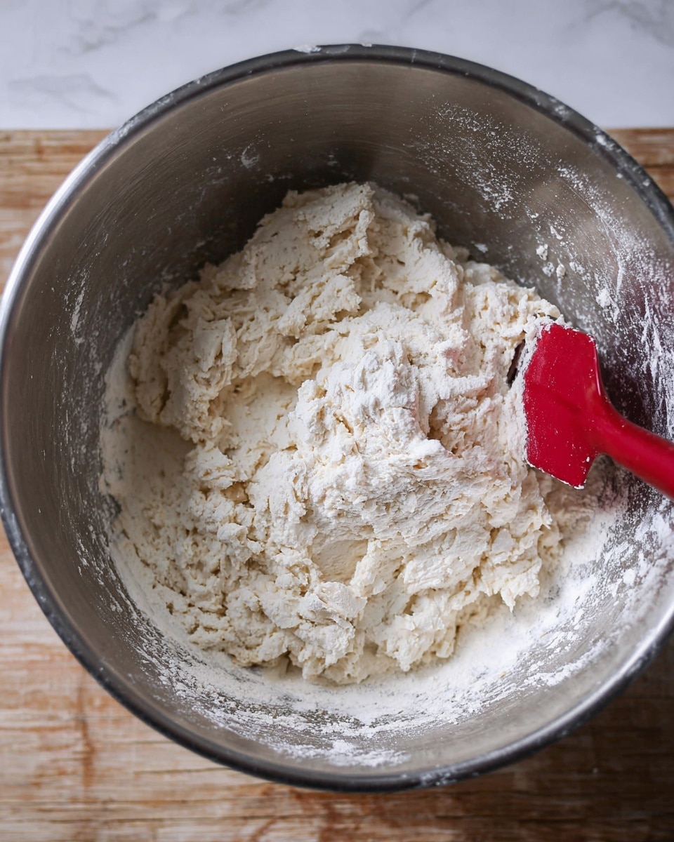 The image shows a close-up of a large silver metal bowl with rough white dough partly mixed inside. The dough looks like a mix of flour and water with dry flour powder dusted around the sides and bottom of the bowl. A red silicone spatula is partly buried in the dough on the right side, blending the ingredients. The bowl rests on a light wooden surface, but the background should be imagined as a white marbled texture. photo taken with an iphone --ar 4:5 --v 7