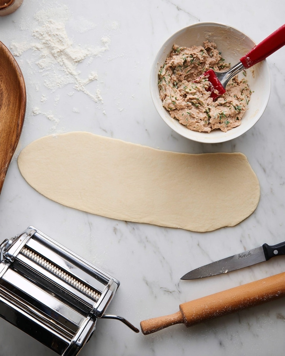 A long, thin, smooth layer of pale dough is spread horizontally on a white marbled surface. Above the dough, there is a white bowl filled with a chunky light brown meat mixture with green herbs, and a spoon sticking out of it. Next to the bowl, a red-handled spatula is resting inside the mixture. To the right of the dough, there is a wooden rolling pin and a large silver knife with a black handle laying flat on the surface. At the bottom left of the image, a shiny metal pasta machine is visible with some flour sprinkled around it. Photo taken with an iphone --ar 4:5 --v 7