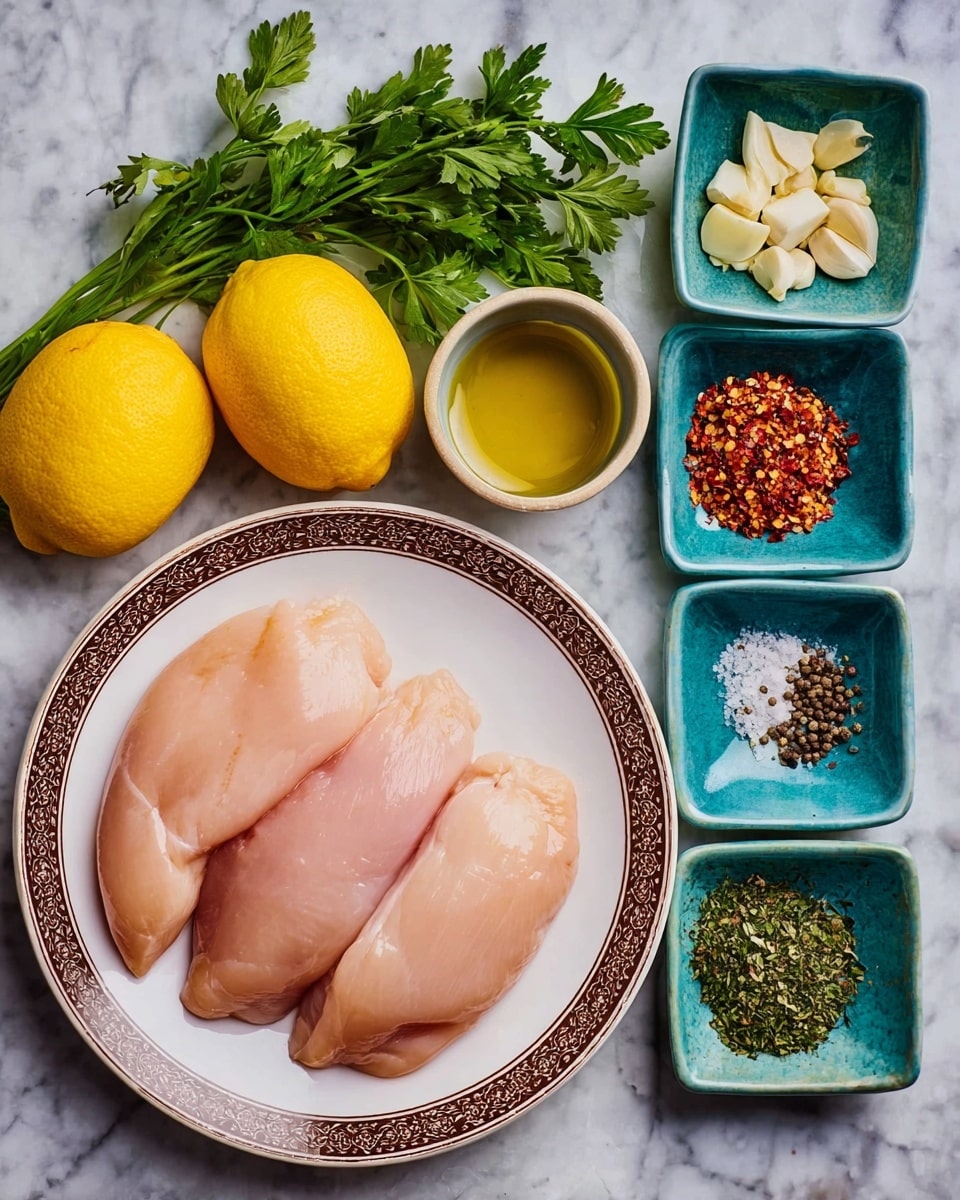 The image shows three raw chicken fillets placed close together on a white plate with a brown ornate rim. To the left of the plate, there are two whole yellow lemons and a bunch of fresh green parsley. Above the lemons and parsley, there are five square bowls in various shades of blue and green containing different ingredients: peeled garlic cloves, red chili flakes, olive oil, dried herbs, and a mix of salt and black pepper. All items rest on a white marbled surface. Photo taken with an iphone --ar 4:5 --v 7