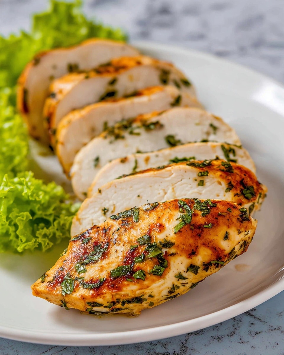 The image shows a white plate with a cooked chicken breast placed horizontally in the front, golden brown with green herb pieces sprinkled on top giving it a fresh look. Behind it, there are four thick slices of the chicken breast, each slice showing a white interior with some green herb bits and a light brown edge, arranged in a slightly overlapping line from the chicken breast toward the back of the plate. To the left edge of the plate, there is a small portion of green lettuce visible. The plate rests on a white marbled surface. Photo taken with an iphone --ar 4:5 --v 7
