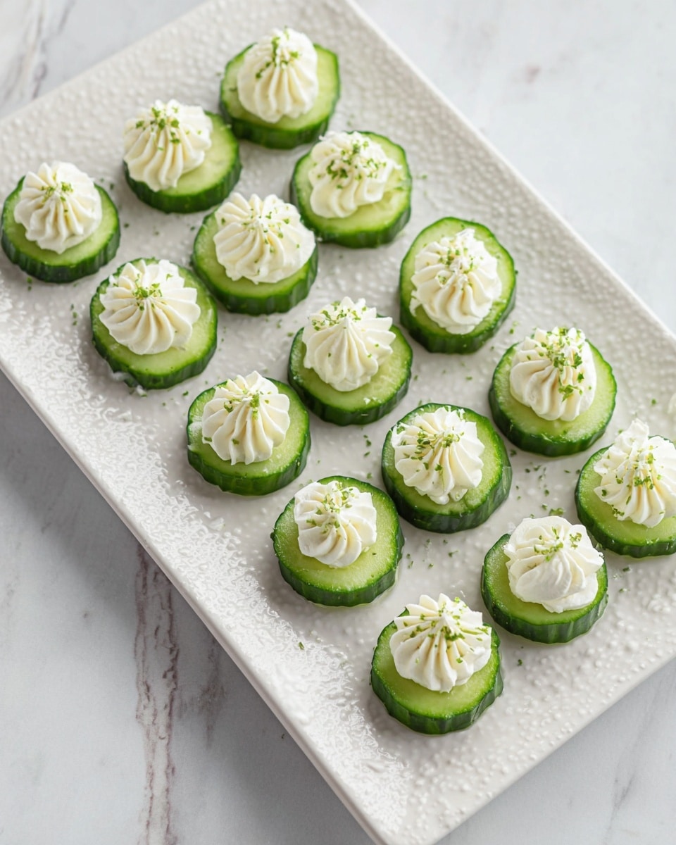 A white rectangular plate with a textured pattern holds fourteen round cucumber slices, each topped with a small swirl of white creamy spread sprinkled with green herbs. The fresh green cucumbers form the base layer, and the piped dollops of smooth, creamy spread make up the second layer. The plate is on a white marbled surface, next to a piping bag filled with the same creamy spread. photo taken with an iphone --ar 4:5 --v 7