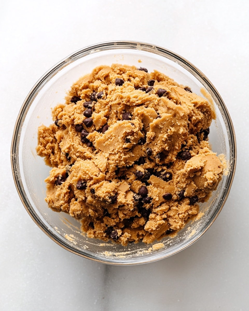 A clear glass bowl filled with raw cookie dough that is light brown in color with a rough, crumbly texture. Mixed inside the dough are small, dark brown chocolate chips scattered all over. The dough clumps together irregularly, with some parts smoother and some parts more crumbly. The bowl sits on a white marbled surface that adds a subtle, elegant contrast to the warm tones of the dough. Photo taken with an iphone --ar 4:5 --v 7