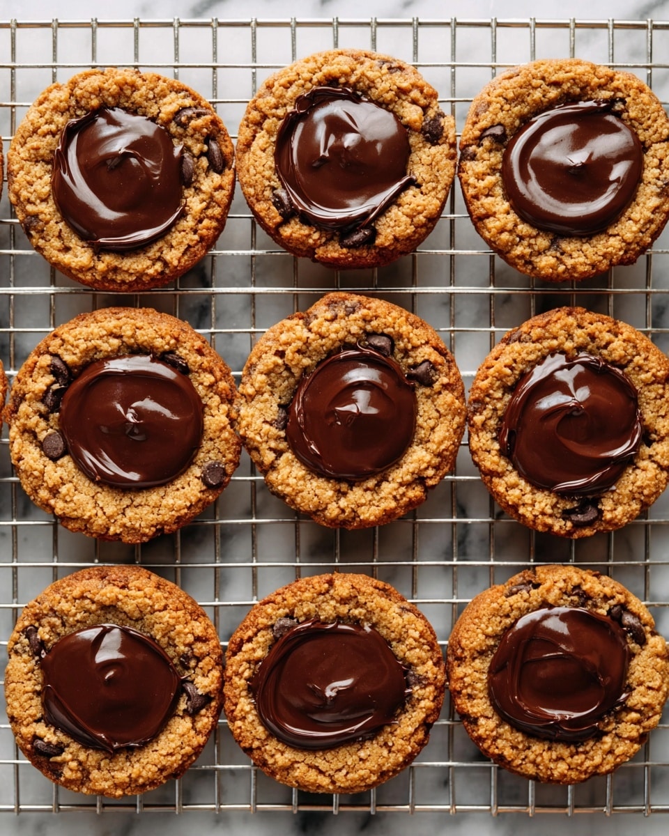 The image shows nine round cookies arranged in a grid on a metal cooling rack. Each cookie has two layers: the base layer is a golden-brown, rough-textured cookie with small dark chocolate chips embedded within it, forming a thick circular border, while the center is filled with a thick, smooth, and shiny dark chocolate filling that looks soft and slightly glossy. The cookies have a rustic, homemade look, and the metal rack lies over a white marbled surface. photo taken with an iphone --ar 4:5 --v 7