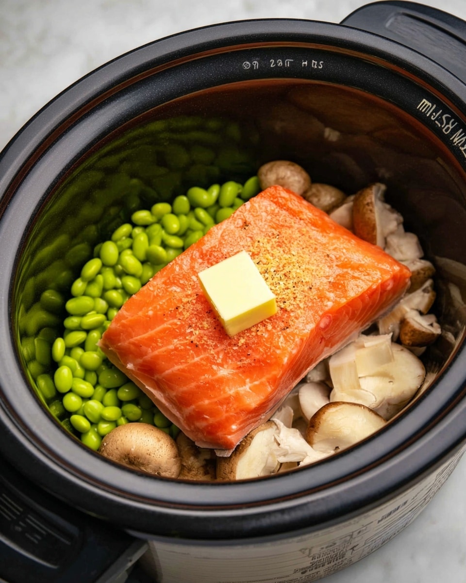 Inside a black rice cooker pot, there is a thick, fresh piece of bright orange salmon fillet placed on top of two kinds of ingredients; on the left are shiny green edamame beans and on the right are pale beige mushrooms with small brown caps. A small square of light yellow butter sits atop the salmon, and some light seasoning is sprinkled over the fish. The black pot has cooking measurements printed inside near the rim. The setting is a white marbled surface. photo taken with an iphone --ar 4:5 --v 7