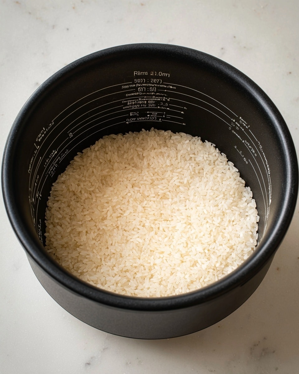 A black round rice cooker bowl filled with a layer of uncooked white rice at the bottom, showing individual grains with a slightly shiny texture. The inside walls of the bowl have white measurement markings for different types of rice and water levels, which curve along the shape of the bowl. The bowl is placed on a white marbled surface. photo taken with an iphone --ar 4:5 --v 7