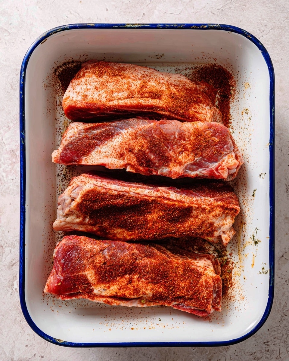 Four large pieces of raw meat are placed side by side in a white rectangular baking dish with a blue rim. Each piece is thick and has a mix of light pink and red colors, covered with a layer of reddish-brown seasoning powder, giving a textured and slightly rough look. The meat glistens slightly, showing moisture on the surface. The dish sits on a white marbled textured surface, with some small spots of seasoning powder around the edges inside the dish. Photo taken with an iphone --ar 4:5 --v 7