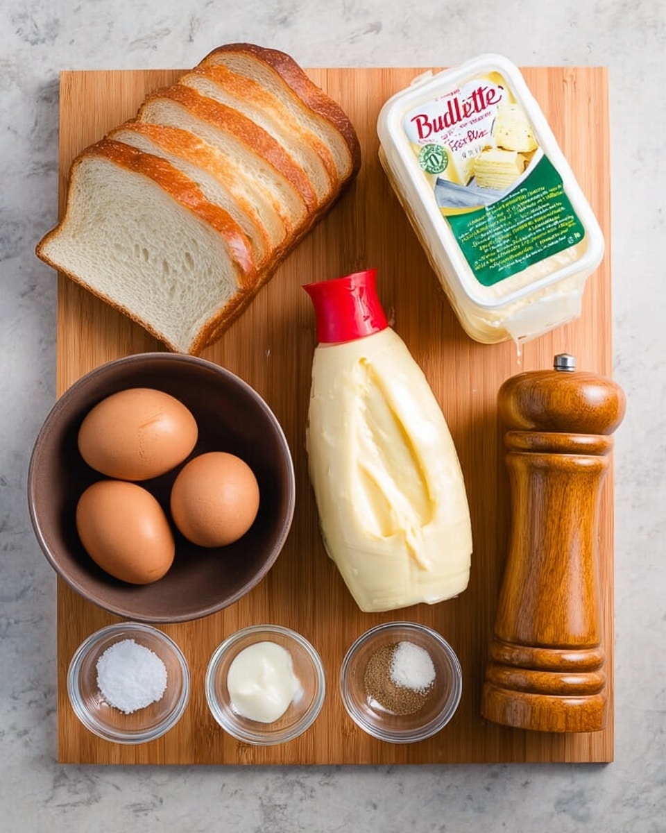 The image shows a wooden board with several ingredients neatly arranged on it. On the left, there are five slices of white sandwich bread stacked in a slight curve, and below them is a dark bowl holding three brown eggs. In the center, there is a full, slightly squished plastic bottle of mayonnaise with a red cap. To the right of it, there is a white container of light butter with a green label. Below the butter, three small clear glass bowls are arranged in a triangle, each containing different ingredients: salt in the top bowl, a small amount of milk in the left bowl, and a powdery light spice in the right bowl. On the far right, there is a tall wooden pepper grinder standing upright. The surface is a white marbled texture photo taken with an iphone --ar 4:5 --v 7