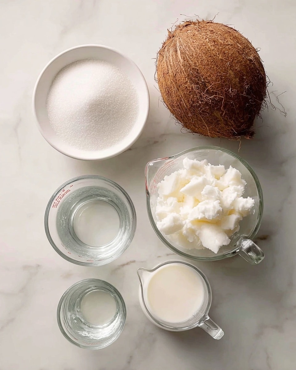 The image shows five items arranged on a white marbled surface: a whole brown coconut with rough texture at the top left, a white bowl filled with fine white sugar below the coconut, a glass measuring cup filled with a white solid that looks like coconut oil chunks to the right of the coconut, a clear glass measuring cup filled with a white liquid (likely coconut milk) under the coconut oil chunks, and another smaller glass measuring cup with a clear liquid (likely coconut water) at the bottom left. The setup is simple and clean, with the ingredients spaced evenly, photo taken with an iphone --ar 4:5 --v 7