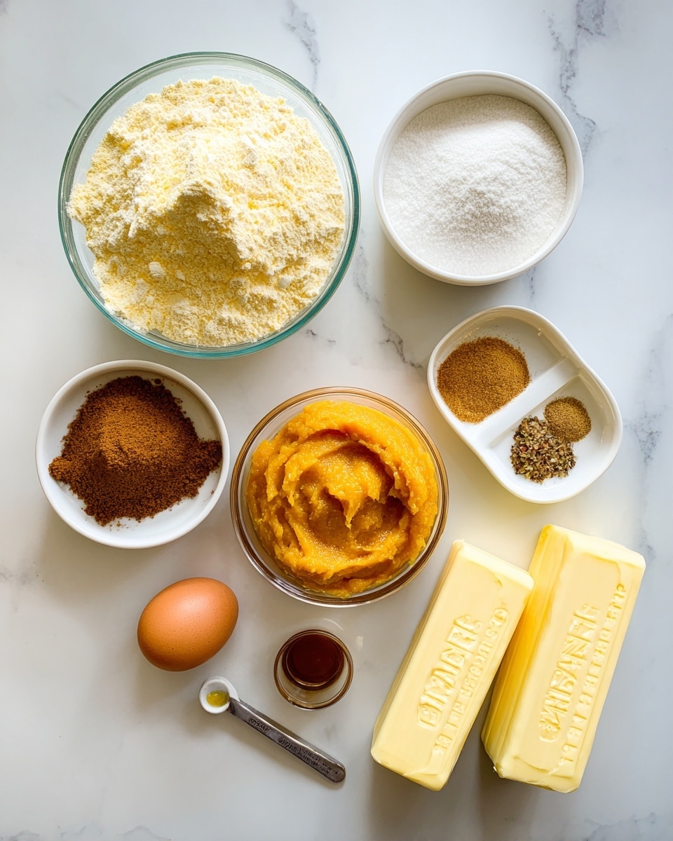 The image shows several ingredients arranged on a white marbled surface in clear glass bowls and white small bowls. At the top left is a large clear glass bowl filled with a pale yellow and white powder mix. To the right are two small white bowls; one has a white powder, and the other holds a mix of brown and yellow spices. At the bottom left, a small white bowl contains packed brown sugar, next to a single brown egg. In the middle is a clear glass bowl with a bright orange, thick, mashed mixture. To the lower right are two sticks of yellow butter side by side, with a small white measuring spoon holding a brown liquid placed between the egg and butter. The scene is bright and softly lit, with all items neatly spread out. Photo taken with an iphone --ar 4:5 --v 7