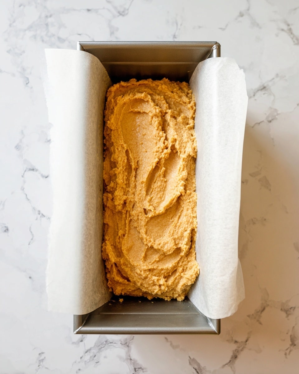 A metal loaf pan lined with white parchment paper holds a thick, unevenly textured, light brown batter spread inside. The batter fills the pan without smooth edges, showing a rough surface with some small lumps and visible swirls from spreading. The pan rests on a white marbled surface that has subtle gray veins, giving a clean and bright background for the batter inside. photo taken with an iphone --ar 4:5 --v 7
