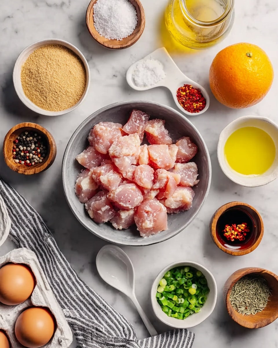 A gray bowl filled with chunks of raw light pink chicken meat sits in the center on a white marbled surface. Around it are small bowls and containers holding various ingredients: a white bowl with light brown powder in the top left, wooden bowls with black pepper, white salt, and red chili flakes, a whole orange, a small glass bottle with yellow oil, a white spoon with green chopped scallions, a glass bowl with yellow liquid, a small gray bowl with dried herbs, and a small wooden bowl with a dark sauce. At the bottom left, a white egg carton holds three brown eggs, and a black and white striped cloth is seen partially. photo taken with an iphone --ar 4:5 --v 7