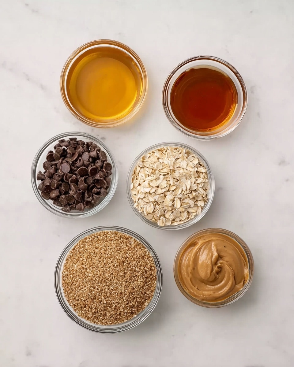 Six small clear glass bowls are placed evenly on a white marbled surface, each containing a different ingredient. The top left bowl has golden honey, smooth and shiny. Next to it on the right is a smaller bowl with amber-colored vanilla extract. Below the honey bowl is a larger bowl filled with light beige rolled oats, flat and dry. In the center, a bowl holds dark brown, small chocolate chips with a matte texture. To the right of the oats is a bowl containing light brown flaxseed meal with a fine, grainy texture. At the bottom right, a bowl contains creamy, light brown peanut butter, thick and slightly textured. photo taken with an iphone --ar 4:5 --v 7