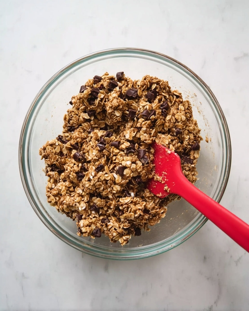 A clear glass bowl filled with a textured mix of oats and small dark pieces, likely chocolate chips, with some sticky clusters holding the mix together. A red spatula is partially inside the bowl, touching the mixture on one side. The bowl sits on a white marbled surface. Photo taken with an iphone --ar 4:5 --v 7
