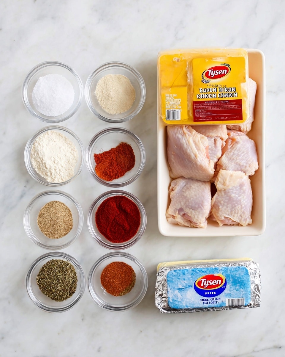 A white tray on a white marbled surface holds raw boneless skinless chicken thighs in a yellow plastic package with a Tyson label on top. To the left of the chicken, there are seven small clear glass bowls arranged in two rows: the top row has three bowls containing white salt, red paprika, and light beige flour; the bottom row has four bowls with reddish-brown seasoning, dried green herbs, dark red spice, and light brown garlic powder. Below these bowls, there is a wrapped rectangular bar of unsalted butter with a blue and white label. The whole setup sits neatly spaced on the white marbled background. photo taken with an iphone --ar 4:5 --v 7
