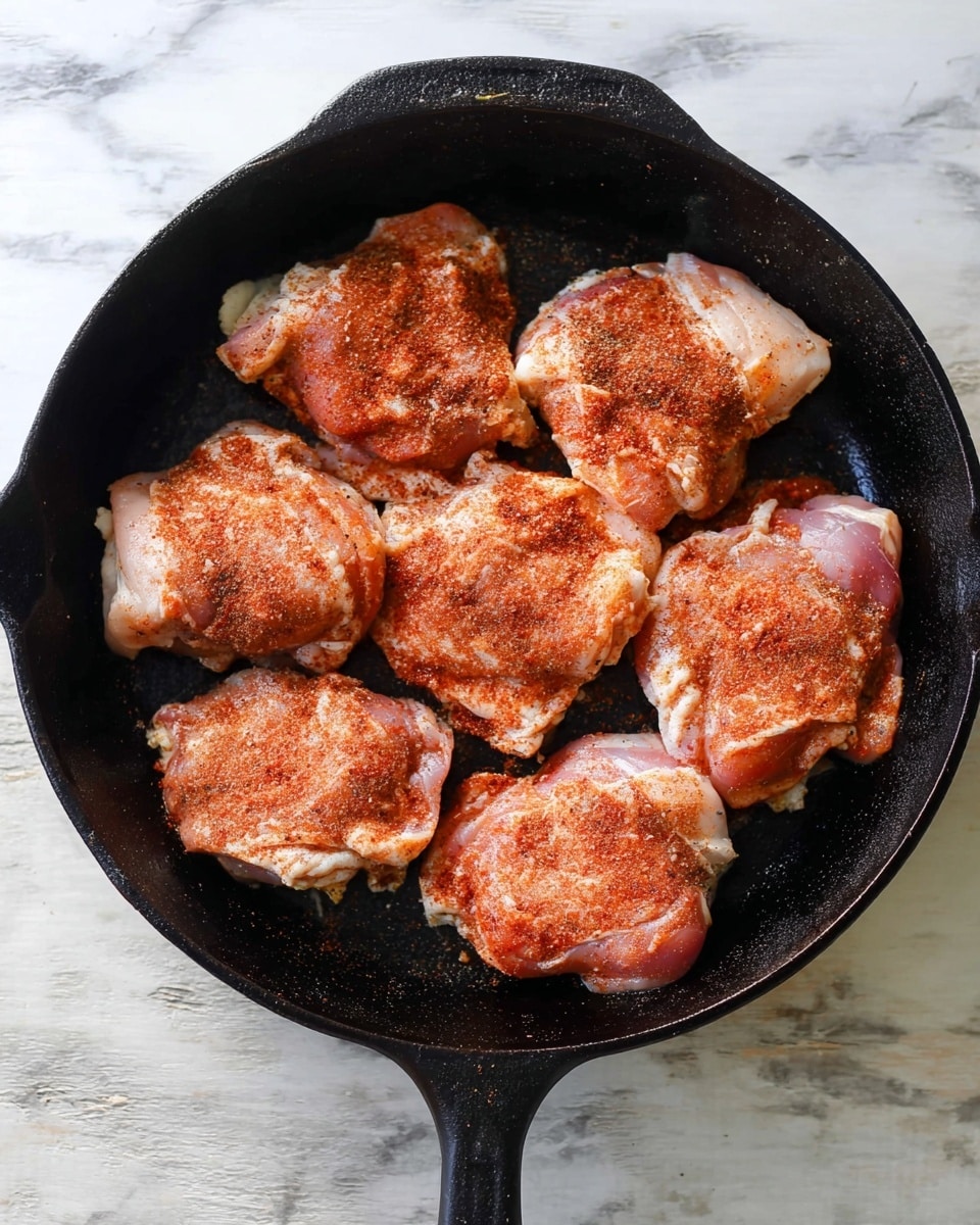 A black cast iron pan holds six raw chicken pieces spread out evenly inside it. Each piece is seasoned with a reddish-brown spice mix that covers most of the surface, with some light patches of pink chicken skin and white fat showing through. The pan is placed on a white marbled surface that has subtle grey veins, and the pan's rough texture contrasts with the smoothness of the chicken. The overall look is rustic and ready for cooking, showing the chicken in a neat circular arrangement inside the pan. photo taken with an iphone --ar 4:5 --v 7