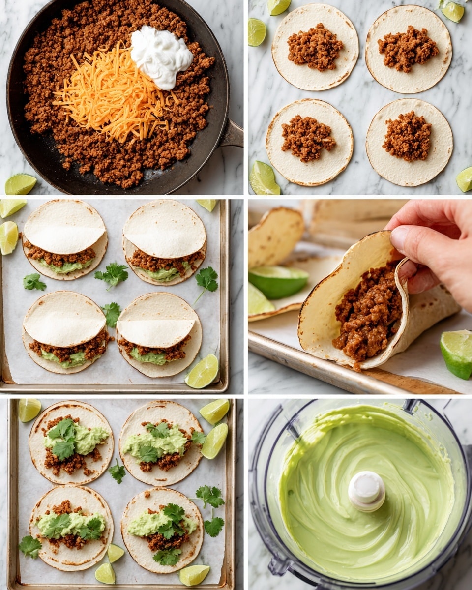 The collage shows six images of taco making steps on a white marbled surface. The first image shows a dark pan with cooked brown ground meat, shredded orange cheese, and white sour cream. The second image has eight small white tortillas on a baking tray with a light brown spread and cooked ground meat on each. The third image shows a woman's hand folding a small white tortilla with brown meat and a light brown spread inside, on a baking tray. The fourth image focuses on a food processor with creamy green sauce inside, swirled around the blade. The fifth image shows folded white tortillas filled with ground meat, topped with green sauce and fresh green cilantro leaves, with lime wedges nearby. The sixth image has folded white tortillas with ground meat, green sauce, and cilantro, next to lime wedges on baking paper. photo taken with an iphone --ar 4:5 --v 7